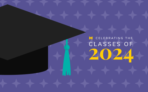 An illustration of a graduation cap with a teal tassel. "Celebrating the classes of 2024"